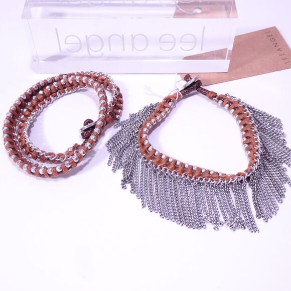 NWT Lee Angel Women's Burgundy Stud and Chain Wrap Toggle Bracelet Set NWT 120 - Picture 1 of 5